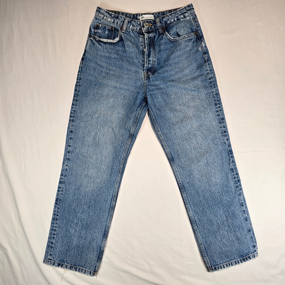 Zara High Waisted‎ Straight Jeans Blue Medium Wash Button Fly Distressed Size 6